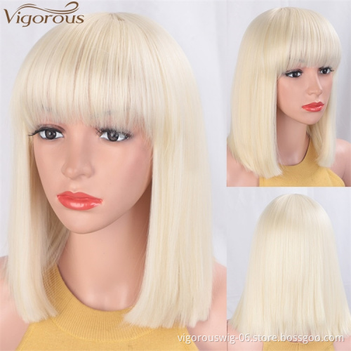 Vigorous Cosplay Blonde Synthetic Bob Wigs With Flat Neat Bangs Short Straight Wigs for Women Heat Resistant Cosplay Daily Use